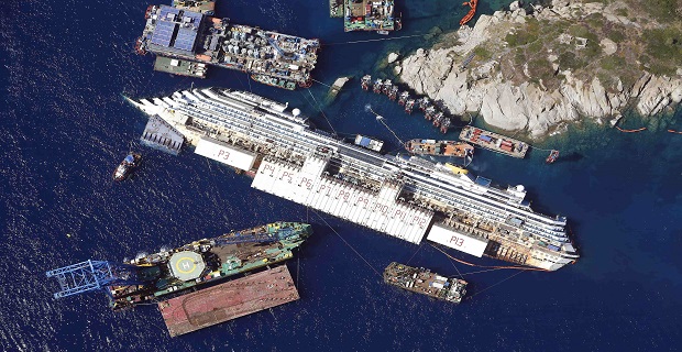 File photo of an aerial view of the Costa Concordia as it lies on its side next to Giglio Island taken from an Italian navy helicopter