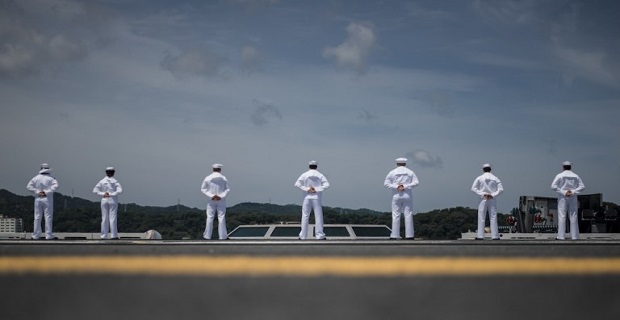 160604-N-IN729-098 YOKOSUKA, Japan (June 4, 2016) Sailors man the rails as the Navy’s only forward-deployed aircraft carrier USS Ronald Reagan (CVN 76) departs Commander, Fleet Activities Yokosuka. Ronald Reagan provides a combat-ready force which protects and defends the collective maritime interests of the U.S. and its allies and partners in the Indo-Asia-Pacific region. (U.S. Navy photo by Mass Communication Specialist 3rd Class Ryan McFarlane/Released)